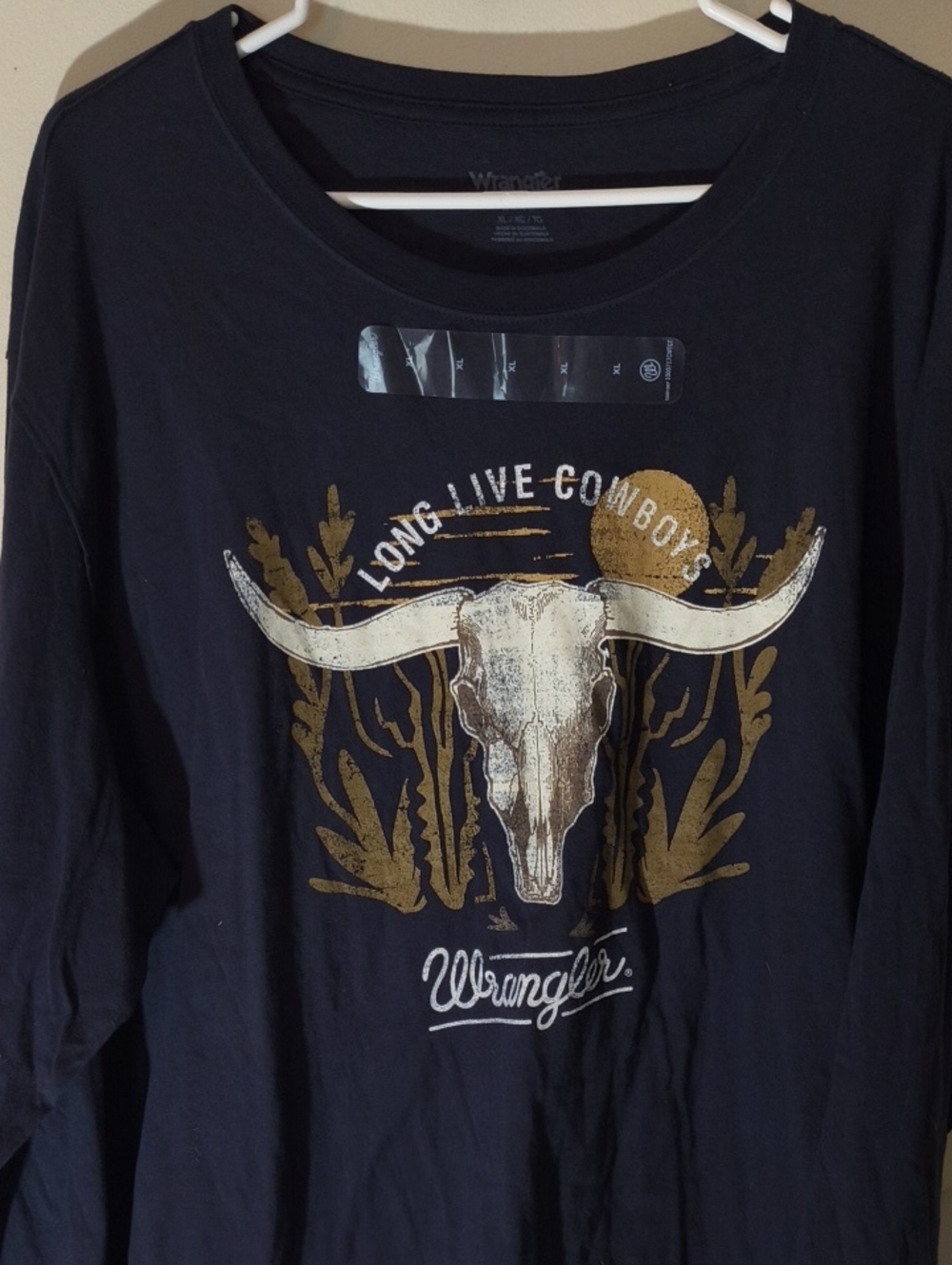 Wrangler Black Long Sleeve Tee with Gold and White Skull Graphic